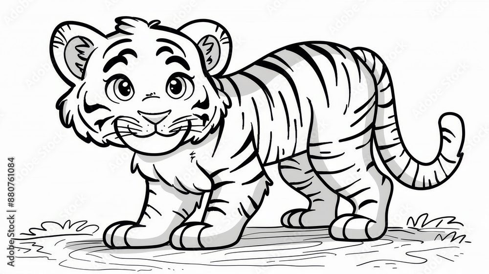 Black and white illustration of a young tiger cub standing and looking forward Black and white illustration of a young tiger cub standing and looking forward