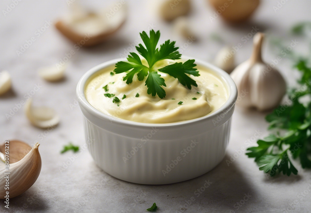 garlic butter sauce in a ramekin, with fresh garlic cloves, ad shot, copy space for text garlic butter sauce in a ramekin, with fresh garlic cloves, ad shot, copy space for text