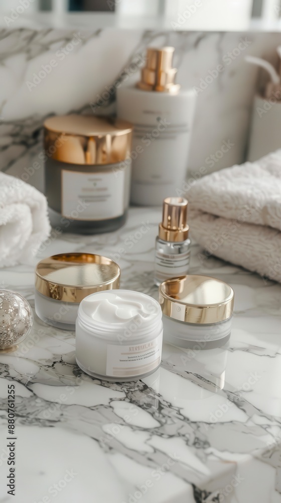 Cream jars and bottles with gold lids on a marble counter, next to a white towel Cream jars and bottles with gold lids on a marble counter, next to a white towel