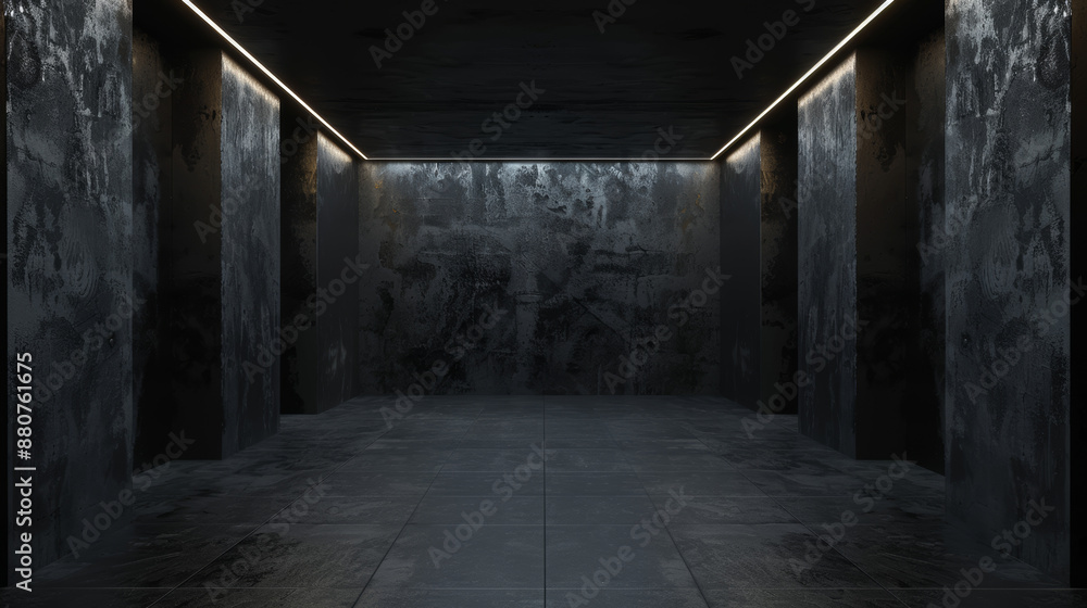 Obraz premium Dark Room: The foreground showcases a dimly lit room with minimal lighting. Shadows envelop the space, creating a moody and atmospheric ambiance. The darkness enhances the contrast and highlights 