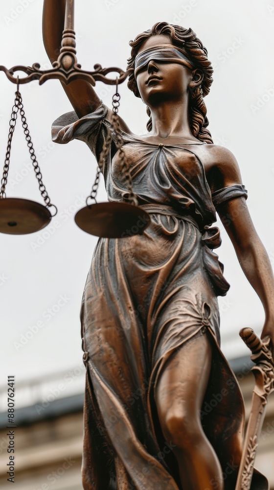 A bronze statue of Lady Justice, blindfolded and holding a sword in one hand and scales in the other, stands against a cloudy sky A bronze statue of Lady Justice, blindfolded and holding a sword in one hand and scales in the other, stands against a cloudy sky