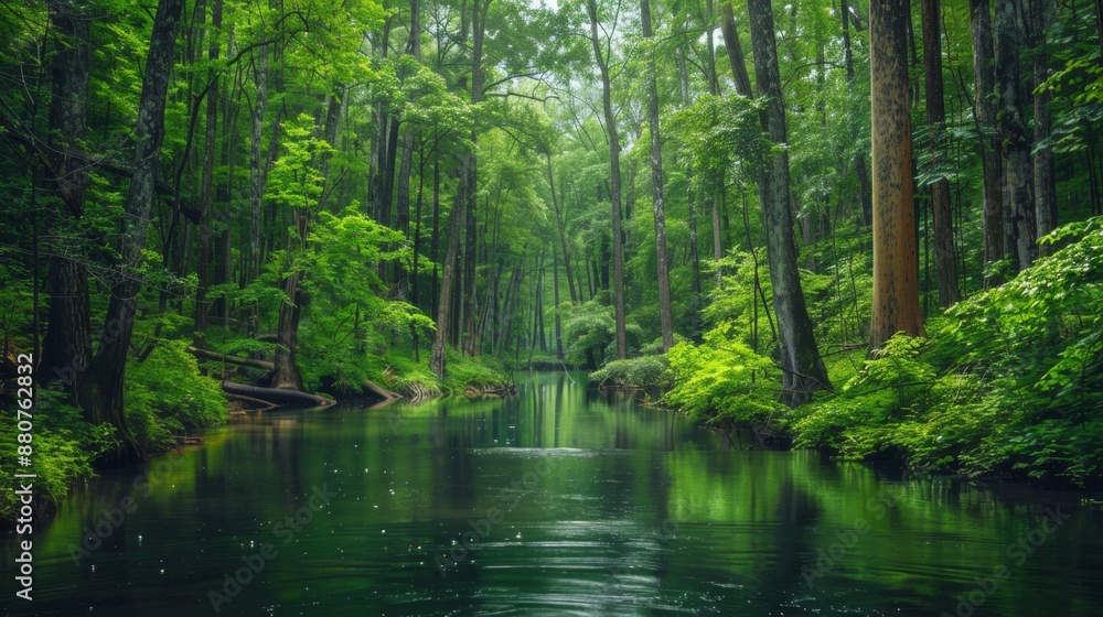 Tranquil River Through Lush Forest. Tranquil River Through Lush Forest.