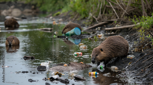 photo where beavers survive among garbage, environmental problems