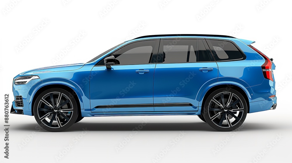 Passenger blue car isolated on a white background, with clipping path, Full Depth of field, Focus stacking, side view Passenger blue car isolated on a white background, with clipping path, Full Depth of field, Focus stacking, side view