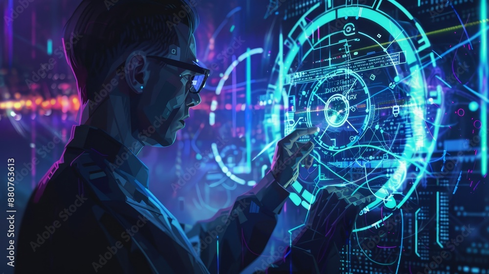 A man interacts with a futuristic digital interface, showcasing advanced technology and graphical data in a neon-lit environment. A man interacts with a futuristic digital interface, showcasing advanced technology and graphical data in a neon-lit environment.