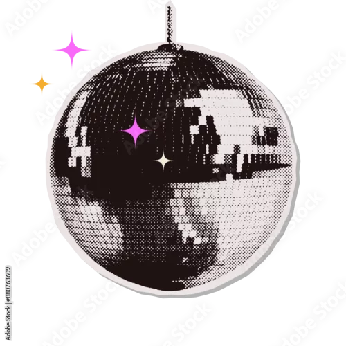 Obraz Disco ball halftone collage element. Vector Silver disco ball on a transparent background. Abstract dotted torn out paper party globe.