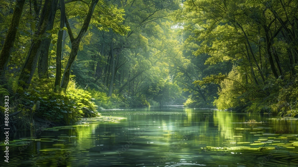 Tranquil River Through Lush Forest. Tranquil River Through Lush Forest.