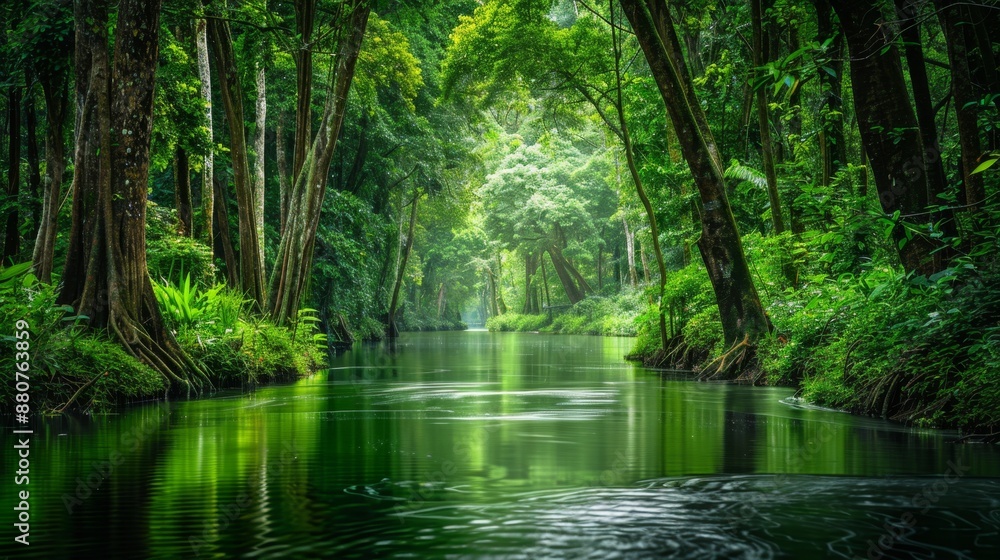 Tranquil River Through Lush Green Forest. Tranquil River Through Lush Green Forest.