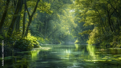 Tranquil River Through Lush Forest.