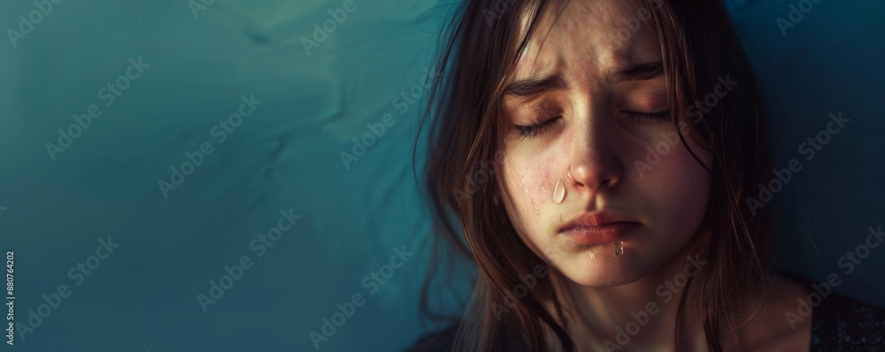 A teenage girl crying, tears falling silently, on a deep blue studio background. The somber hue emphasizes the weight of her grief. A teenage girl crying, tears falling silently, on a deep blue studio background. The somber hue emphasizes the weight of her grief.