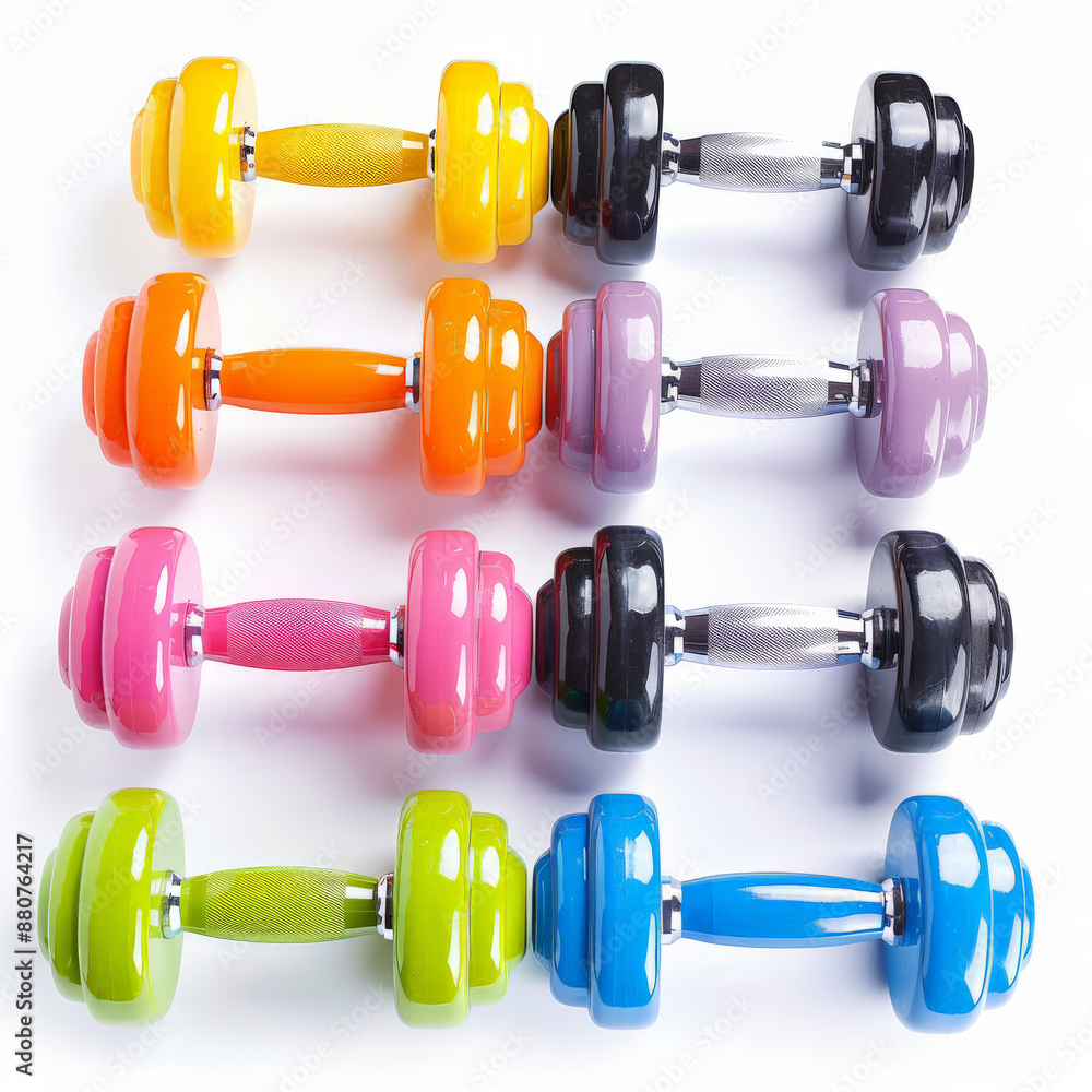 A set of colorful dumbbells in various weights, isolated on white background A set of colorful dumbbells in various weights, isolated on white background