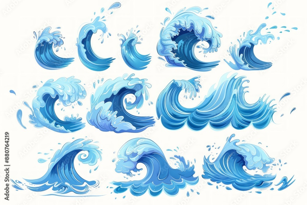Sea waves collection. Cartoon style illustration of blue ocean waves isolated on white background Sea waves collection. Cartoon style illustration of blue ocean waves isolated on white background