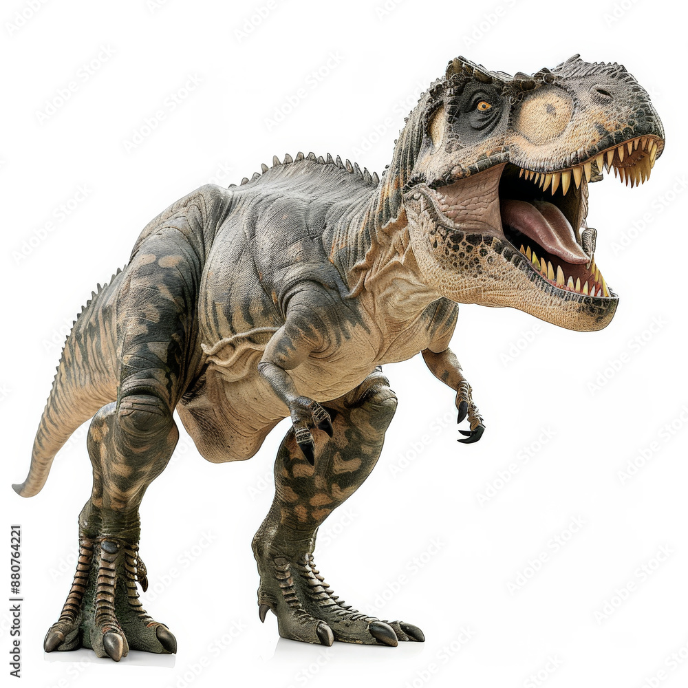 Obraz premium A fierce Majungasaurus with its robust build and sharp teeth, ready to strike, isolated on white background.