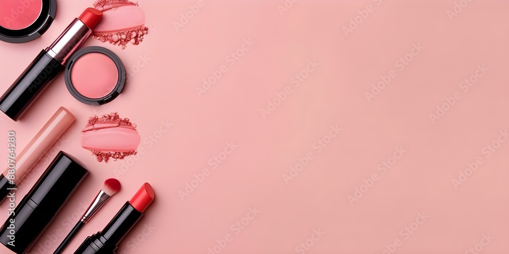 Fashion and beauty blog banner featuring makeup products on peach background. Concept Beauty Products, Makeup Display, Peach Background, Fashion Blog, Banner Design Fashion and beauty blog banner featuring makeup products on peach background. Concept Beauty Products, Makeup Display, Peach Background, Fashion Blog, Banner Design