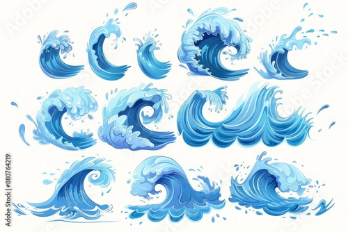 Sea waves collection. Cartoon style illustration of blue ocean waves isolated on white background