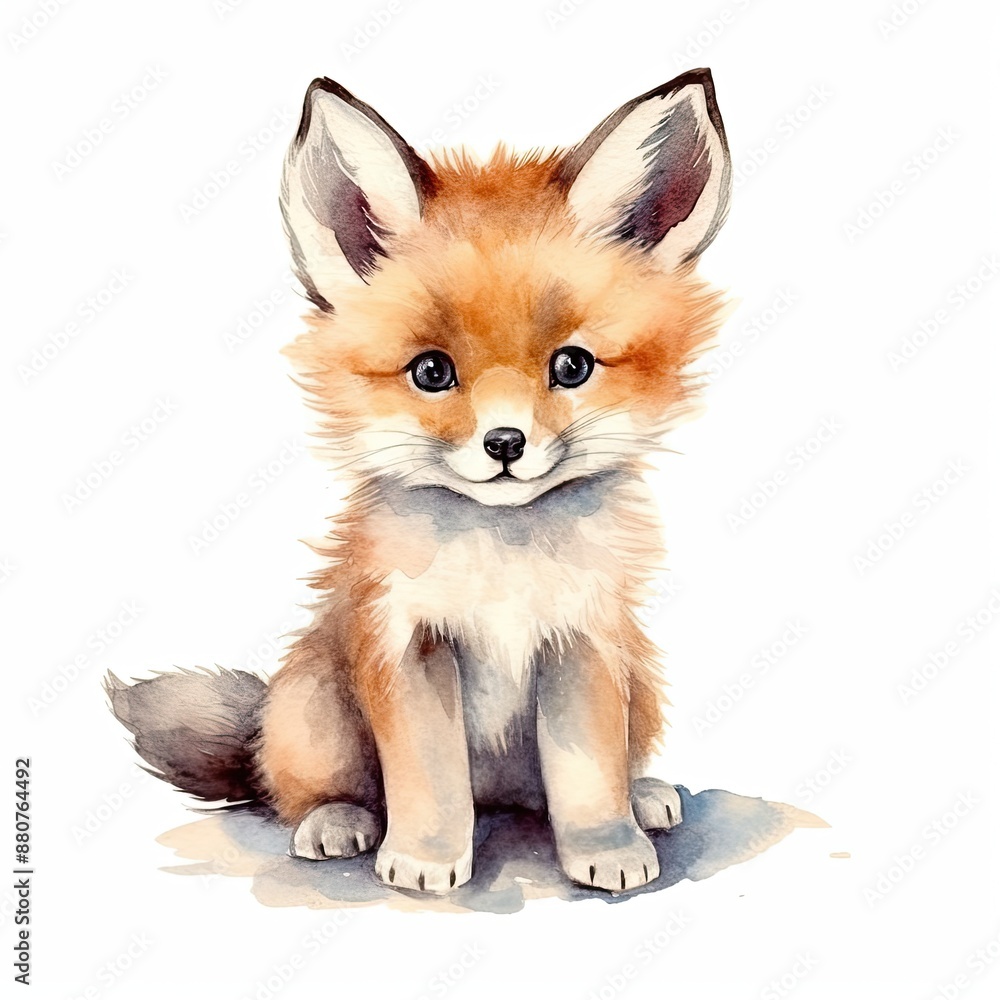 Obraz premium Delicate watercolor illustration of a fox cub, capturing the playful and curious nature of this young woodland animal.