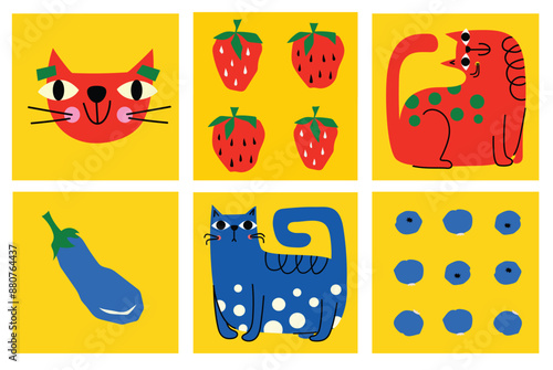Abstract Graphic Elements set in Minimal Trendy Style. Hand drawn doodle cats, spots, drops, curves, lines for creating patterns, Invitations, posters, cards, social media posts