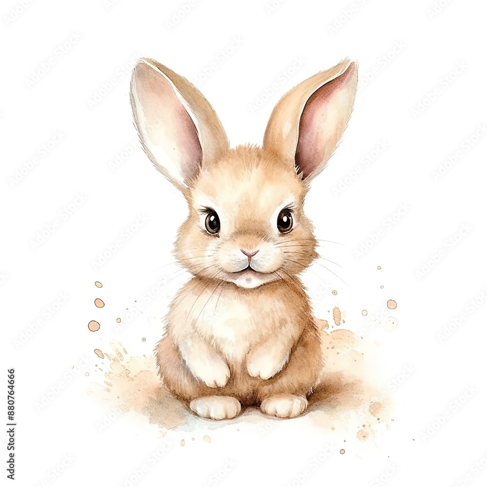 Obraz premium Delightful watercolor illustration of a baby bunny, showcasing its fluffy fur and large ears in a soft, whimsical style.