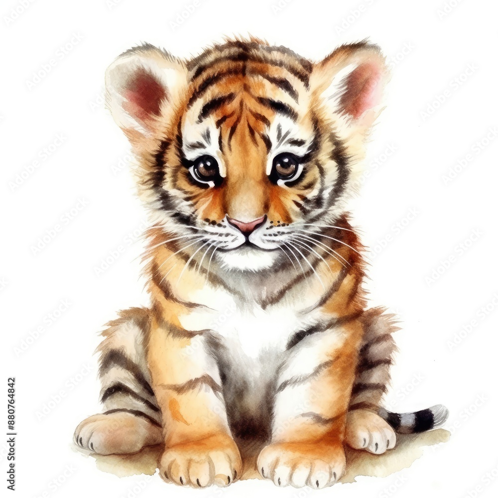 Fototapeta premium Charming watercolor illustration of a baby tiger, capturing the playful and fierce nature of this young feline with detailed realism.