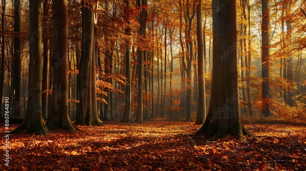 Autumn Forest With Sunlight Through Trees. Autumn Forest With Sunlight Through Trees.
