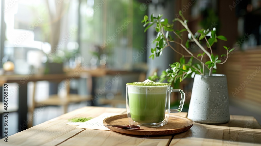 Serene Green Tea Latte in a Minimalist Zen like Cafe Serene Green Tea Latte in a Minimalist Zen like Cafe