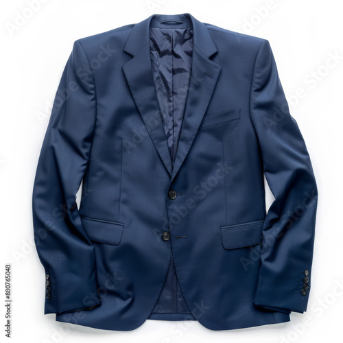 A formal navy blue blazer with a single-breasted design and notched lapel, isolated on white background. © AI_images
