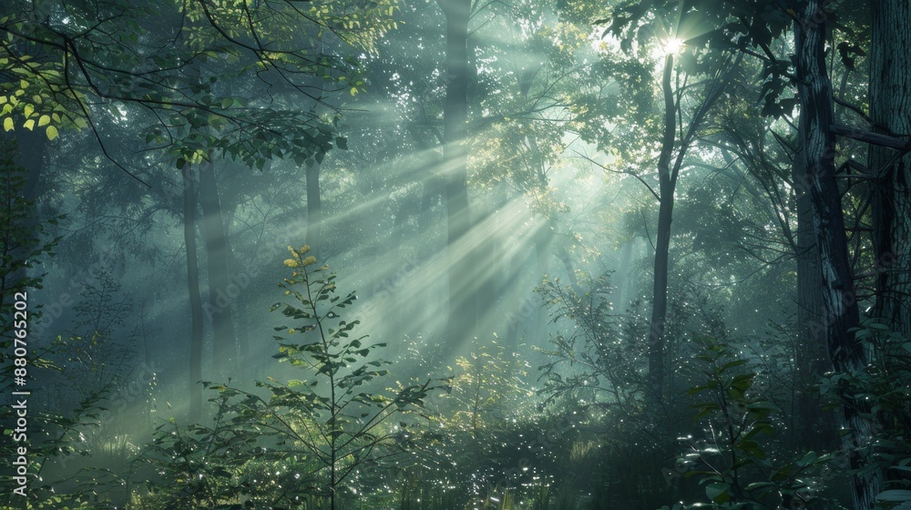 Sunbeams in a Foggy Forest. Sunbeams in a Foggy Forest.