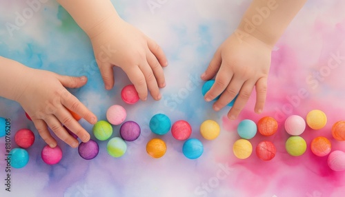 Tiny hands arranging colorful foam balls on a pastel backdrop. Creative sensory play for children, promoting fine motor skills and artistic expression.