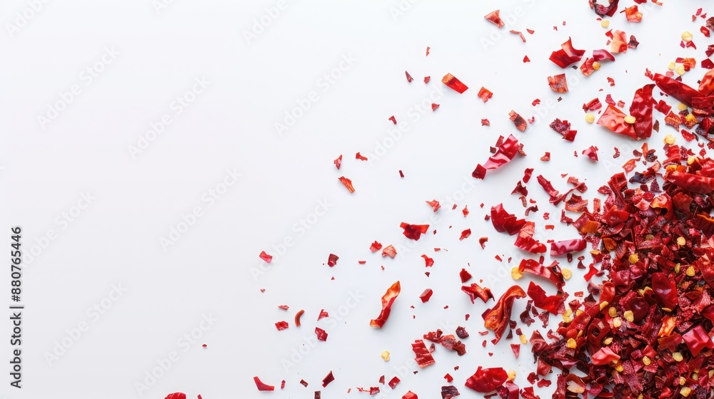 Obraz premium Red chili flakes on white background for food presentation top view with space for text