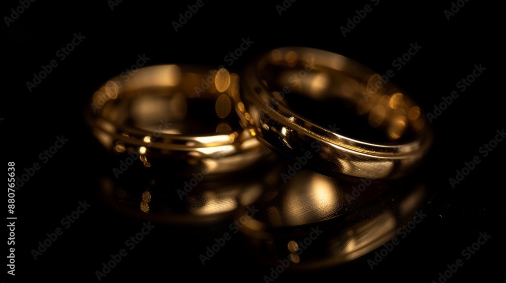 Two Golden Wedding Bands Resting on a Black Surface Two Golden Wedding Bands Resting on a Black Surface