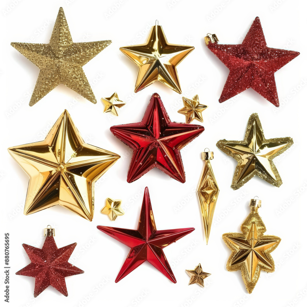 A collection of shiny gold and red Christmas stars in various sizes, isolated on white background. A collection of shiny gold and red Christmas stars in various sizes, isolated on white background.