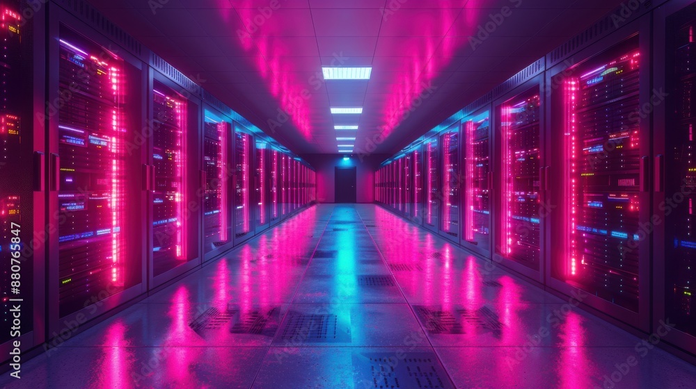 High-tech data center, illuminated server racks, sleek modern design, advanced cooling systems, cyber theme, cutting-edge technology High-tech data center, illuminated server racks, sleek modern design, advanced cooling systems, cyber theme, cutting-edge technology