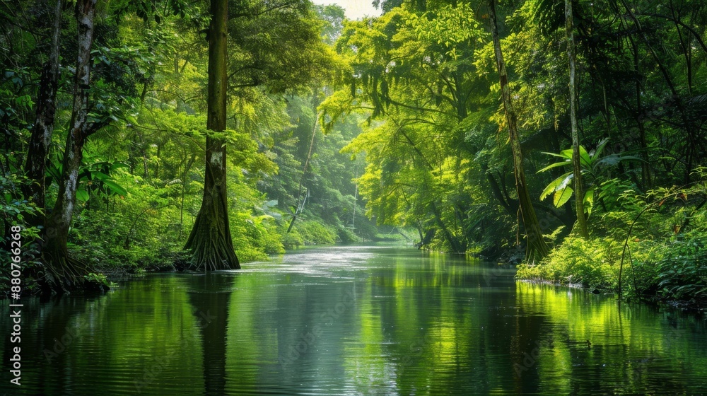 Tranquil River Flowing Through Lush Green Forest. Tranquil River Flowing Through Lush Green Forest.