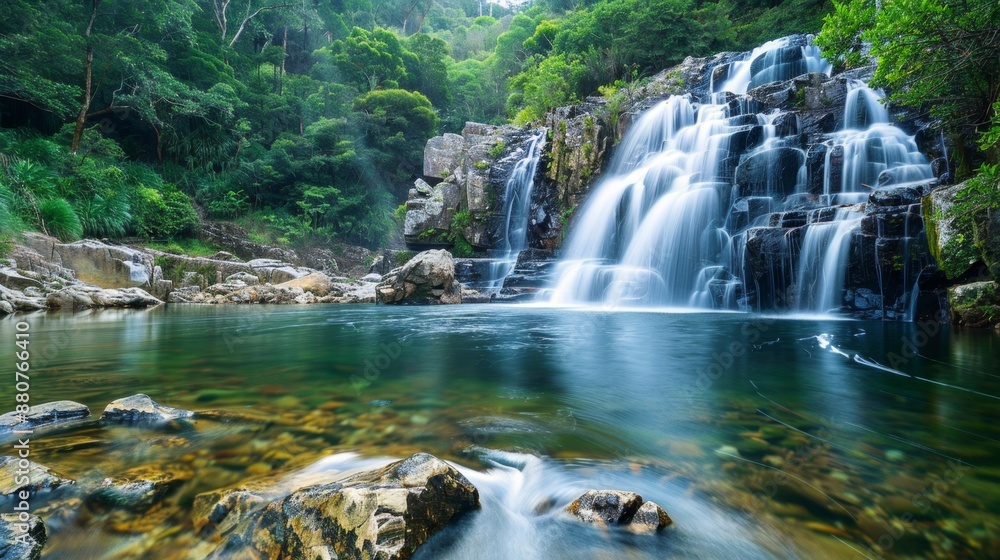 Fototapeta premium Tranquil Waterfall in Lush Green Forest.