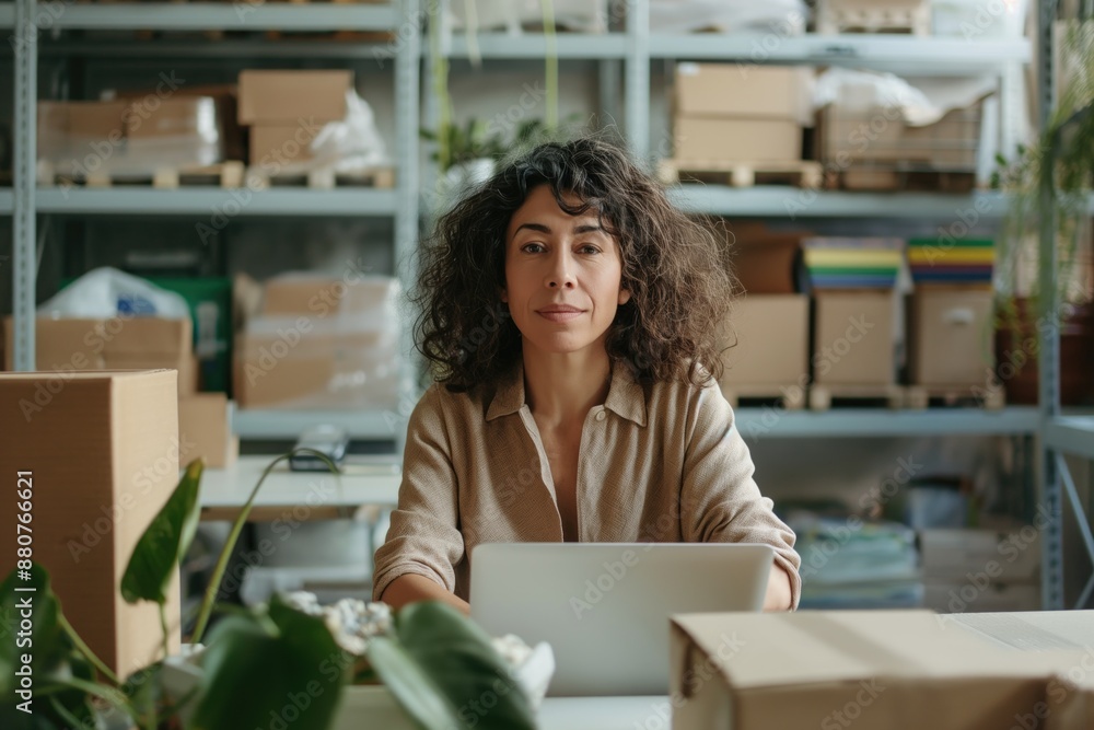 Relocation services middle aged latino or hispanic logistics manager or worker sitting with laptop at desk with shelves and cardboxes in modern warehouse distribution centre Relocation services middle aged latino or hispanic logistics manager or worker sitting with laptop at desk with shelves and cardboxes in modern warehouse distribution centre