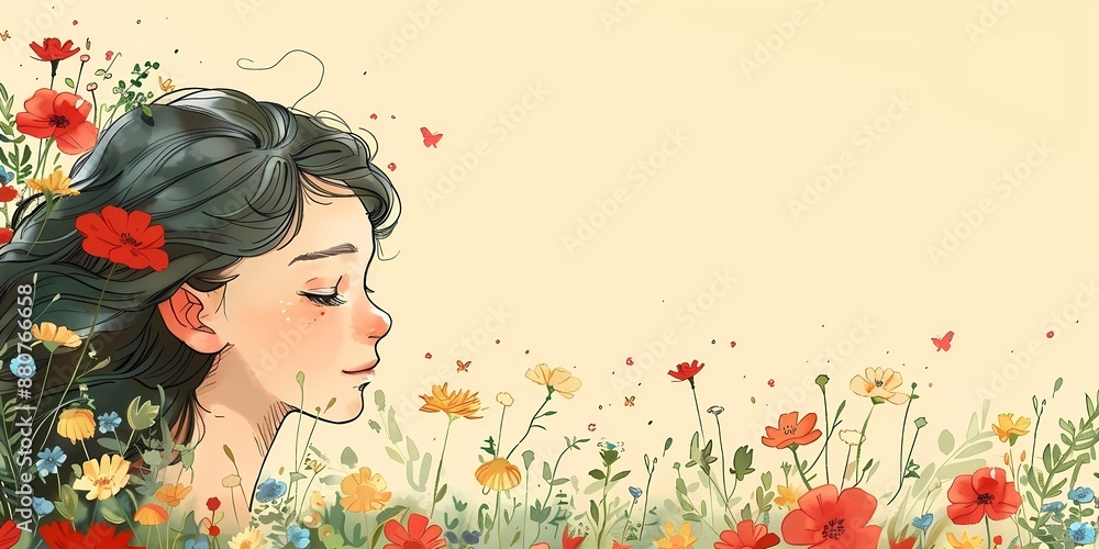 A woman's face is half obscured by a meadow of wildflowers, sustainability concept A woman's face is half obscured by a meadow of wildflowers, sustainability concept