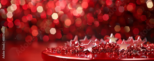 Wallpaper Mural A dazzling red display podium adorned with shiny crystal stars. The stars' reflective surfaces create a stunning contrast against the rich red hue, adding a touch of glamour. Torontodigital.ca