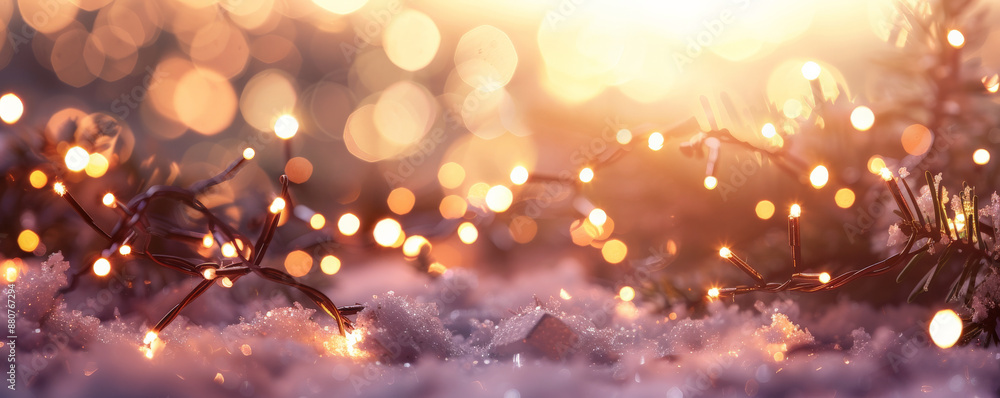 Naklejka premium A cozy 2025 Happy New Year banner with warm, handwritten text, fairy lights, and a background of soft, glowing bokeh.