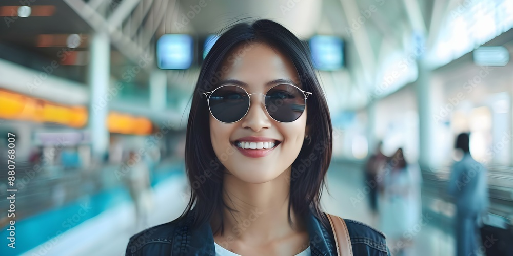 Φωτογραφία Asian woman in sunglasses eagerly anticipates travel and cultural experiences at the airport