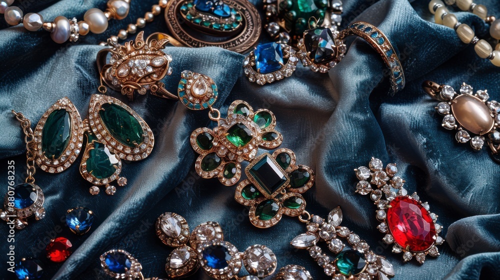 A collection of emerald and diamond jewelry arranged on blue velvet fabric A collection of emerald and diamond jewelry arranged on blue velvet fabric
