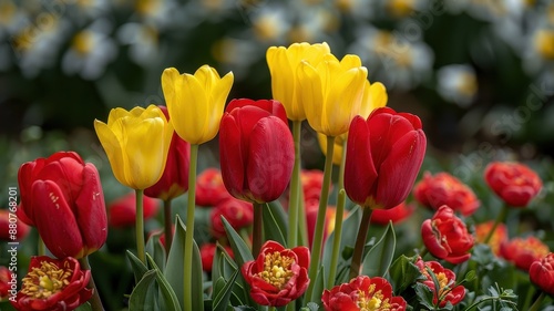 Vibrant garden scene with blooming red and yellow tulips and lush green foliage, perfect for springtime themes and floral backdrops.
