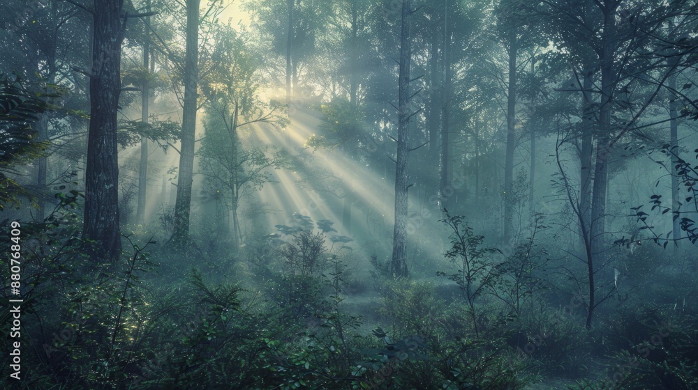 Sun Rays Through Misty Forest. Sun Rays Through Misty Forest.
