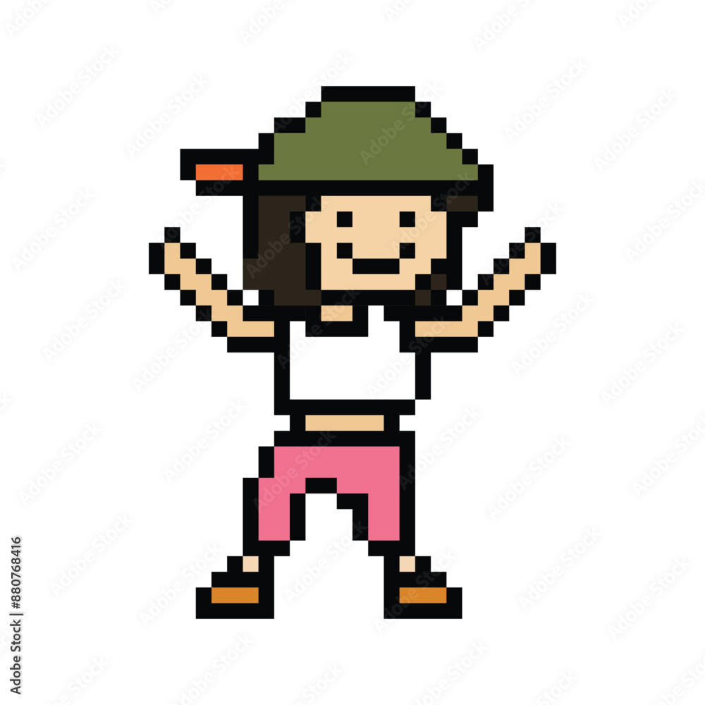 Obraz premium Cute pixel cartoon 8bit character woman exercises training dance lifestyle music decoration life style 8 bit female girl dance with music game fitness isolated PNG vector.