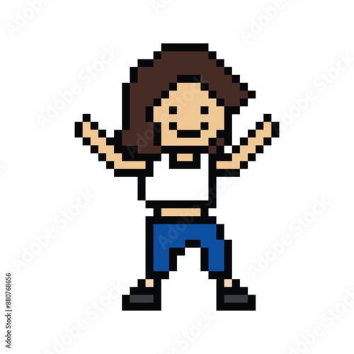 Cute pixel cartoon 8bit character woman exercises training dance lifestyle music decoration life style 8 bit female girl dance with music game fitness isolated PNG vector. © FirstFreedom