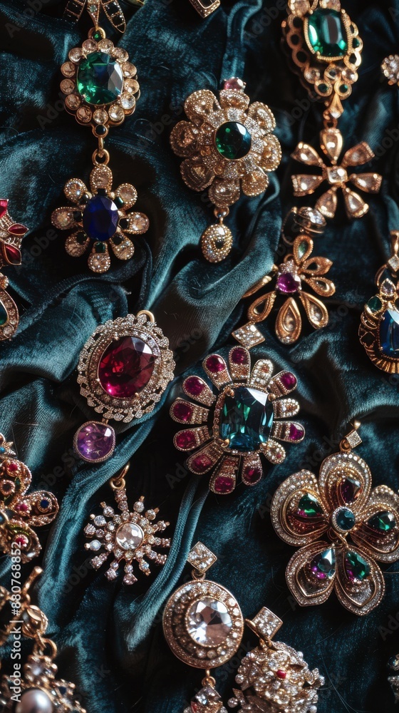 Gold and gemstone jewelry on teal velvet fabric viewed up close Gold and gemstone jewelry on teal velvet fabric viewed up close