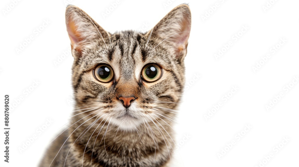 Tabby cat on white background gazes at the camera Tabby cat on white background gazes at the camera