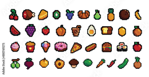 Retro pixel art food isolated icons with 8bit pixel fruits and vegetables. Vintage 8 bit console game asset, computer arcade vector items set with berries and exotic fruits