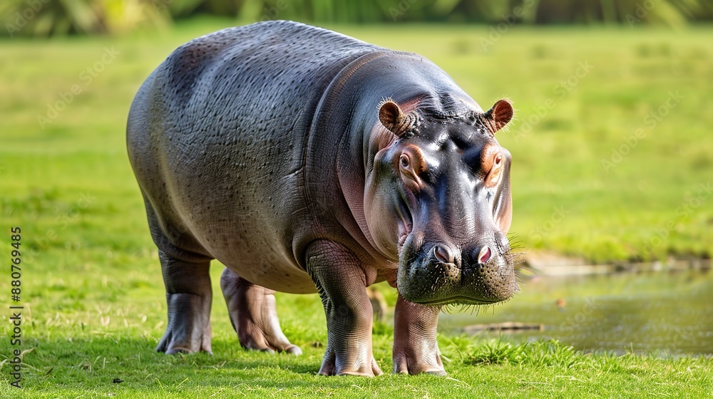 Hippopotamus Standing on Grassland