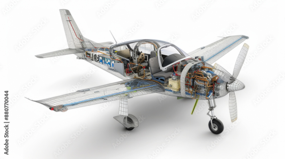 Small Electric single seater Airplane without brand partially transparent to see battery wires and all the technical system on a white background Small Electric single seater Airplane without brand partially transparent to see battery wires and all the technical system on a white background