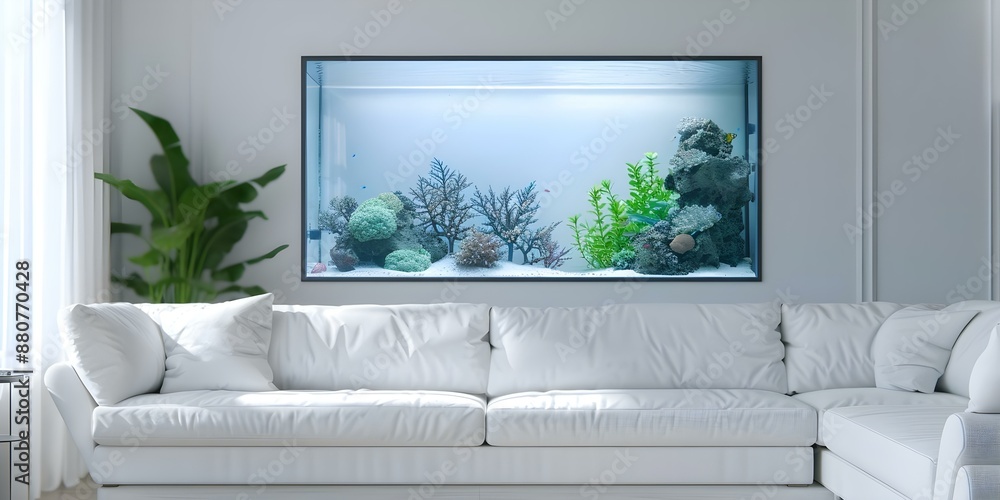 Fototapeta premium An aquarium in a house's living room. Concept Home Aquarium, Interior Design, Exotic Fish, Underwater Ecosystems